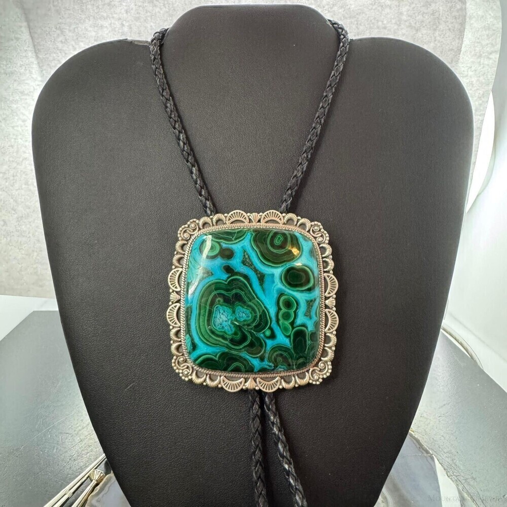 Sterling Silver Southwestern Style Square Azurite Malachite Bolo Tie For Men